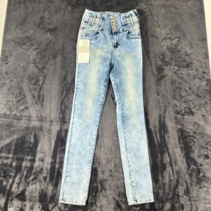 NWT Mitzi Michel Skinny Jeans Womens Size 11 Light Blue High Waist Multi Button